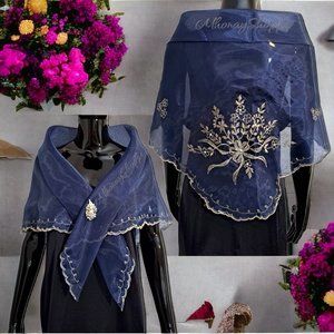 Navy Blue-Modern Embroidered Filipiniana Alampay – Handmade Organza Scarf